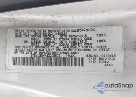 2002 Toyota Tacoma z USA, uszkodzony, nr VIN 5TEVL52NX2Z008872